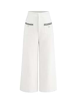 CIDER Tweed Mid Waist Solid Button Wide Leg Trousers: White